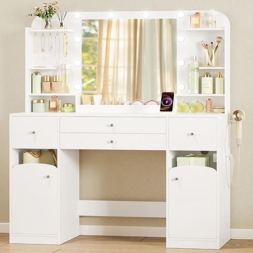Coiffeuse Avec Eclairage LED, Coiffeuse Avec 2 Grands Tiroirs Avec Rangement Pour Bijoux, 2 Armoires