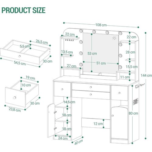 Coiffeuse Avec Eclairage LED, Coiffeuse Avec 2 Grands Tiroirs Avec Rangement Pour Bijoux, 2 Armoires