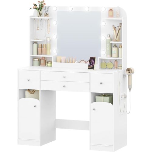 Coiffeuse Avec Eclairage LED, Coiffeuse Avec 2 Grands Tiroirs Avec Rangement Pour Bijoux, 2 Armoires