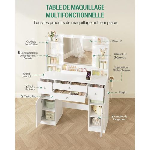 Coiffeuse Avec Eclairage LED, Coiffeuse Avec 2 Grands Tiroirs Avec Rangement Pour Bijoux, 2 Armoires