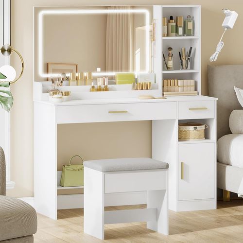 Coiffeuse Avec Miroir Et Tabouret, Grand Miroir LED, Luminosité Réglable, Table De Maquillage, Blanc