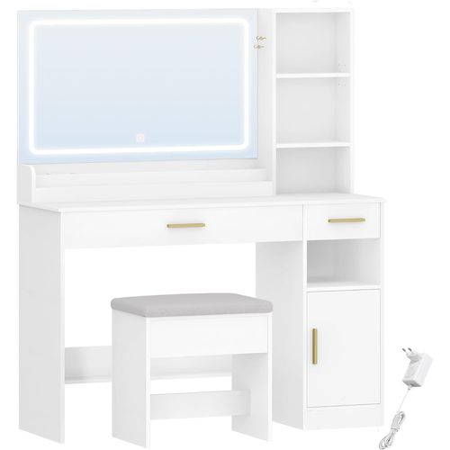 Coiffeuse Avec Miroir Et Tabouret, Grand Miroir LED, Luminosité Réglable, Table De Maquillage, Blanc