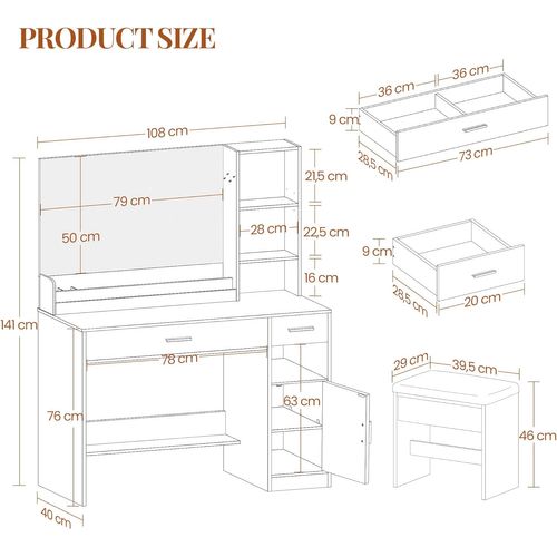 Coiffeuse Avec Miroir Et Tabouret, Grand Miroir LED, Luminosité Réglable, Table De Maquillage, Blanc