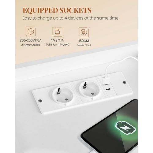 Table De Chevet Lot De 2 Avec Lumière LED Et Multiprise,pour Chambre à Coucher, Salon, Moderne,blanc