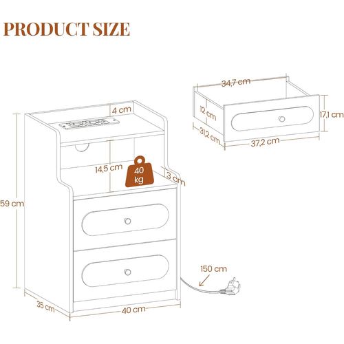 Table De Chevet Lot De 2 Avec Lumière LED Et Multiprise,pour Chambre à Coucher, Salon, Moderne,blanc