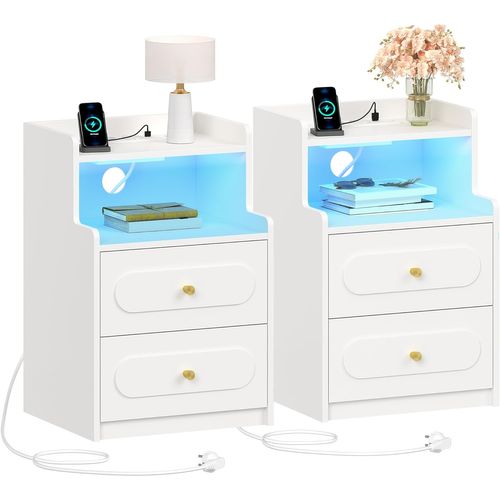 Table De Chevet Lot De 2 Avec Lumière LED Et Multiprise,pour Chambre à Coucher, Salon, Moderne,blanc