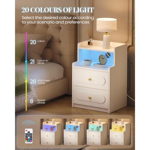 Table De Chevet Lot De 2 Avec Lumière LED Et Multiprise,pour Chambre à Coucher, Salon, Moderne,blanc