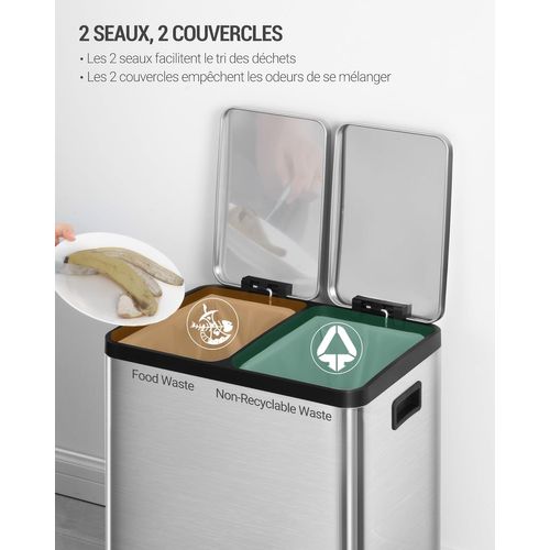 Poubelle Cuisine, 30l (2 X 15 L), Poubelles Tri Avec Pédales à Code Couleur, Pour Cuisine, Argent