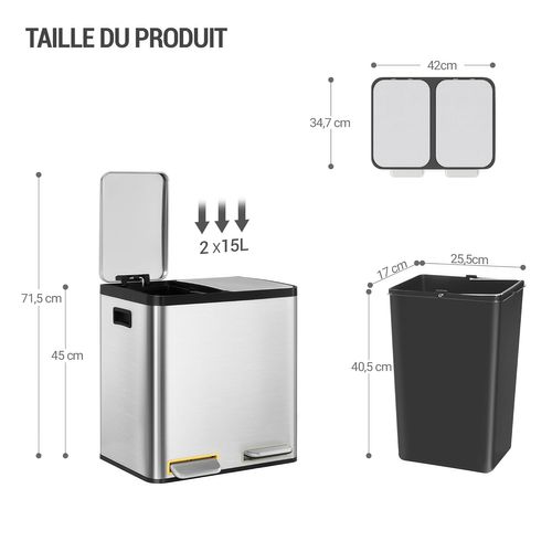 Poubelle Cuisine, 30l (2 X 15 L), Poubelles Tri Avec Pédales à Code Couleur, Pour Cuisine, Argent