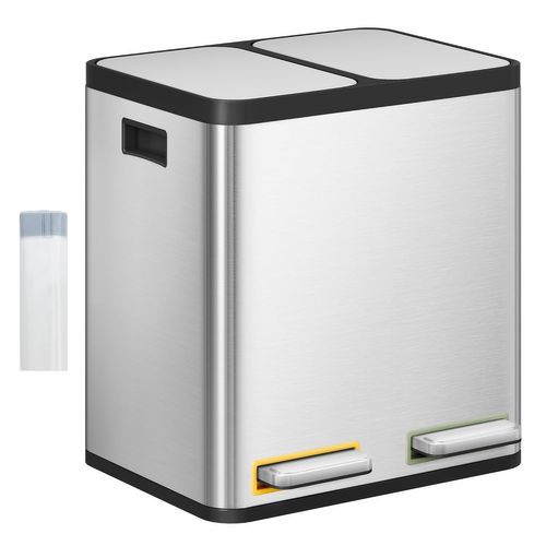 Poubelle Cuisine, 30l (2 X 15 L), Poubelles Tri Avec Pédales à Code Couleur, Pour Cuisine, Argent