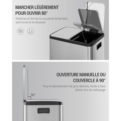 Poubelle Cuisine, 30l (2 X 15 L), Poubelles Tri Avec Pédales à Code Couleur, Pour Cuisine, Argent