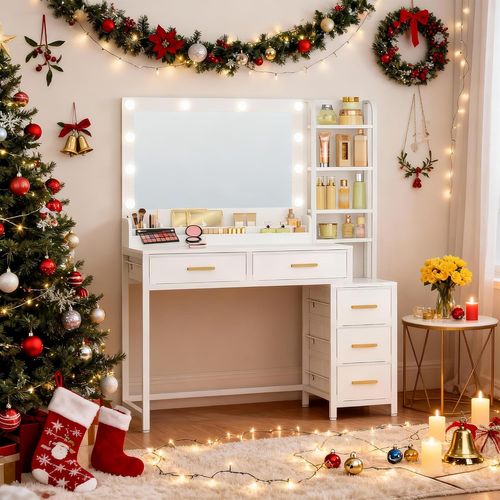 Coiffeuse Avec Miroir, Table De Maquillage Avec Éclairage LED, 10 Boules Lumineuses LED, 3 Couleurs