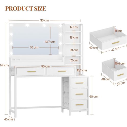 Coiffeuse Avec Miroir, Table De Maquillage Avec Éclairage LED, 10 Boules Lumineuses LED, 3 Couleurs