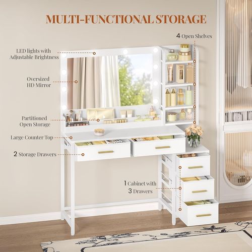 Coiffeuse Avec Miroir, Table De Maquillage Avec Éclairage LED, 10 Boules Lumineuses LED, 3 Couleurs