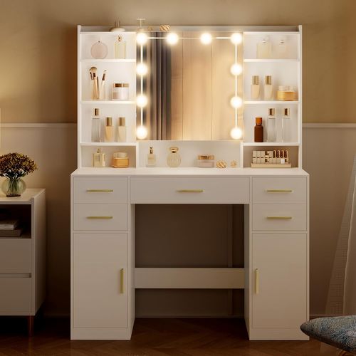 Coiffeuse Avec Miroir Et Lumières LED, Luminosité Réglable, Tiroirs, Armoire Et Étagères Ouverts