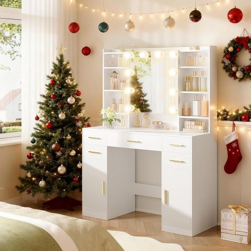 Coiffeuse Avec Miroir Et Lumières LED, Luminosité Réglable, Tiroirs, Armoire Et Étagères Ouverts
