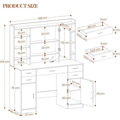 Coiffeuse Avec Miroir Et Lumières LED, Luminosité Réglable, Tiroirs, Armoire Et Étagères Ouverts