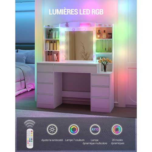 Coiffeuse Avec 8 Tiroirs, Bureau De 100 Cm De Large Avec Table De Chevet Intégrée, Blanc