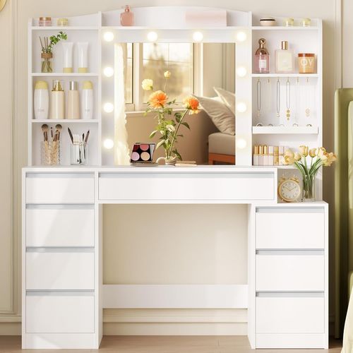 Coiffeuse Avec 8 Tiroirs, Bureau De 100 Cm De Large Avec Table De Chevet Intégrée, Blanc