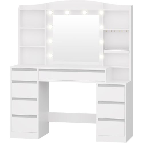 Coiffeuse Avec 8 Tiroirs, Bureau De 100 Cm De Large Avec Table De Chevet Intégrée, Blanc