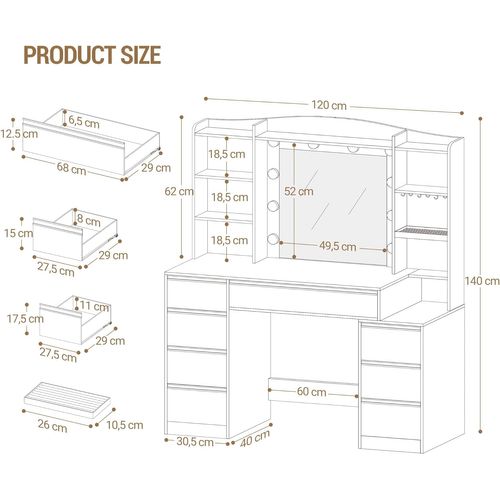 Coiffeuse Avec 8 Tiroirs, Bureau De 100 Cm De Large Avec Table De Chevet Intégrée, Blanc