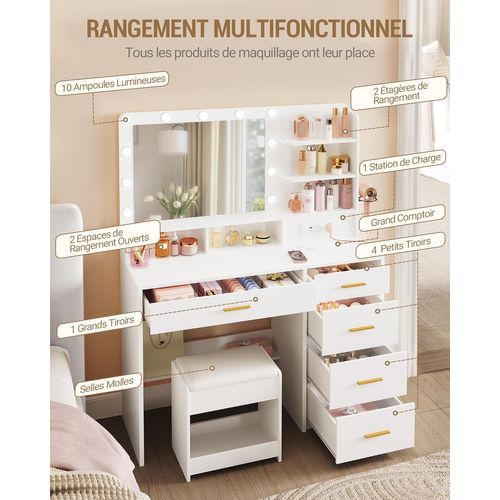 Coiffeuse Avec 10 Globes Lumineux LED, Tabouret Et Support Pour Sèche-cheveux, Tiroirs Multiples