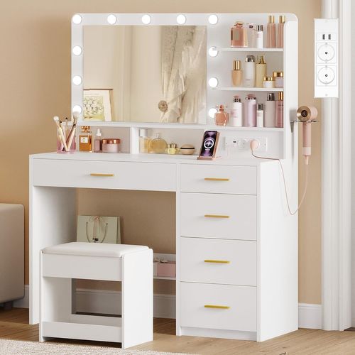 Coiffeuse Avec 10 Globes Lumineux LED, Tabouret Et Support Pour Sèche-cheveux, Tiroirs Multiples