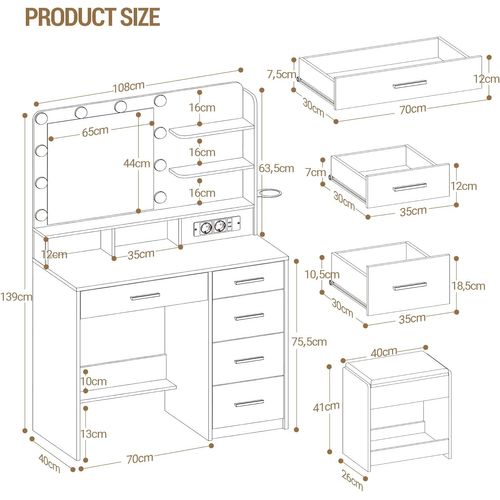 Coiffeuse Avec 10 Globes Lumineux LED, Tabouret Et Support Pour Sèche-cheveux, Tiroirs Multiples