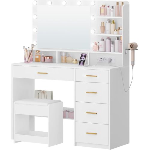 Coiffeuse Avec 10 Globes Lumineux LED, Tabouret Et Support Pour Sèche-cheveux, Tiroirs Multiples