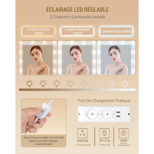Coiffeuse Avec 10 Globes Lumineux LED, Tabouret Et Support Pour Sèche-cheveux, Tiroirs Multiples