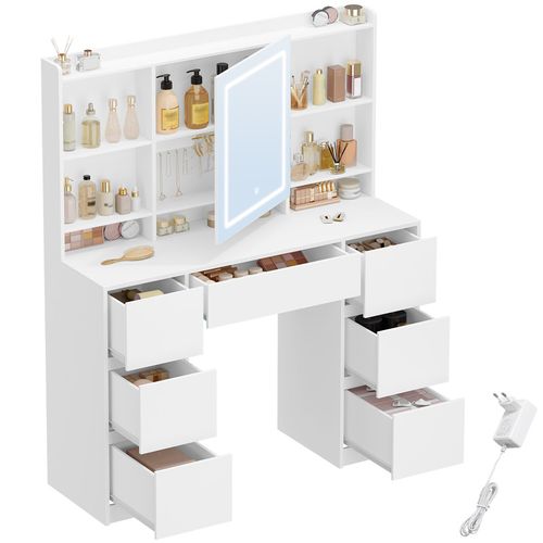 Grande Coiffeuse Avec Miroir Et Éclairage LED Réglable, 7 Tiroirs Et Rangement Pour Bijoux, Blanc