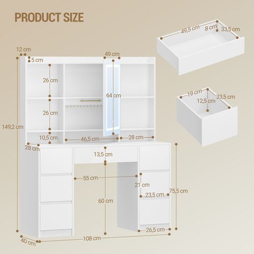 Grande Coiffeuse Avec Miroir Et Éclairage LED Réglable, 7 Tiroirs Et Rangement Pour Bijoux, Blanc
