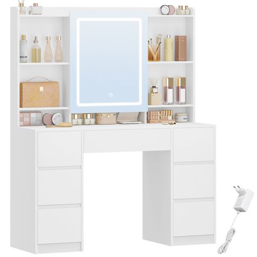 Grande Coiffeuse Avec Miroir Et Éclairage LED Réglable, 7 Tiroirs Et Rangement Pour Bijoux, Blanc