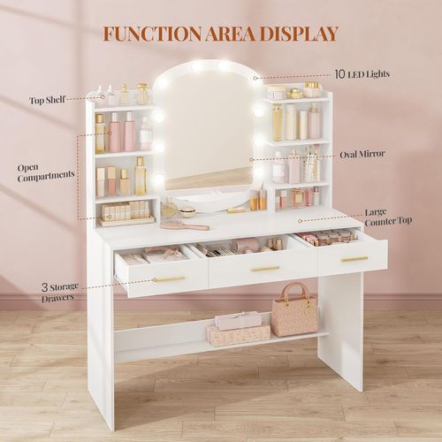 Coiffeuse Avec Miroir Ovale,miroir LED à Luminosité Réglable,3 Tiroirs Avec 6 Étagères Ouverts,blanc