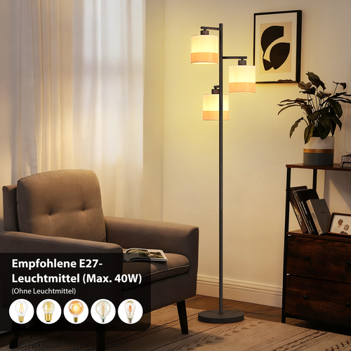 Lampadaire Salon 3 Luminaires  Vintage H.158cm E27 Lampadaire avec Interrupteur à Pied Pour Chambre