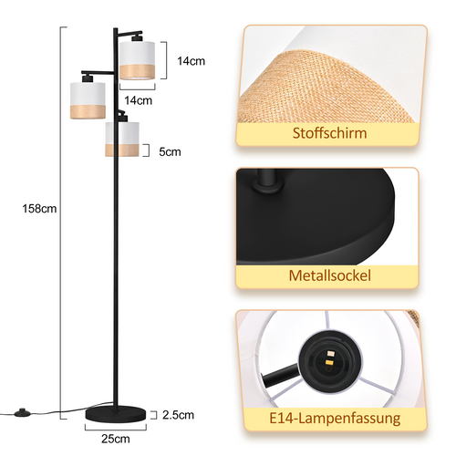 Lampadaire Salon 3 Luminaires  Vintage H.158cm E27 Lampadaire avec Interrupteur à Pied Pour Chambre