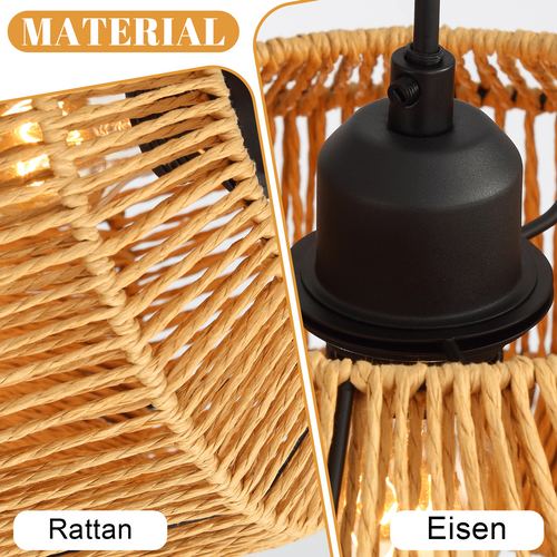 Suspension Vintage 3 Lampes Bois Rotin Style (ampoule Non Incluse)