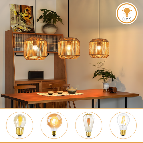 Suspension Vintage 3 Lampes Bois Rotin Style (ampoule Non Incluse)