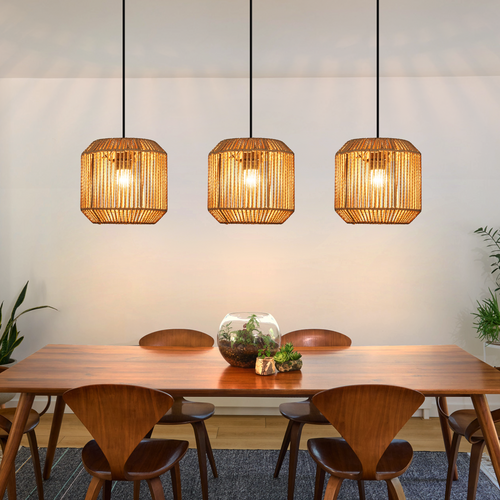 Suspension Vintage 3 Lampes Bois Rotin Style (ampoule Non Incluse)