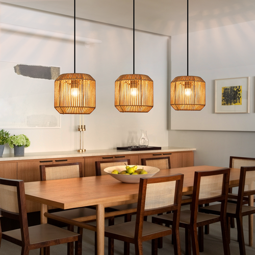 Suspension Vintage 3 Lampes Bois Rotin Style (ampoule Non Incluse)