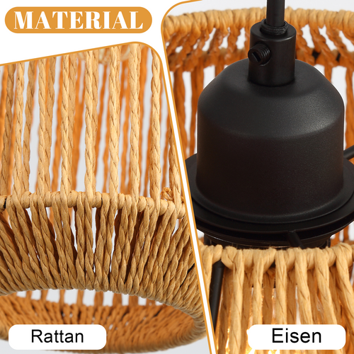 Suspension 3 Flamme Noire E27 Vintage Rotin Style (ampoule Non Incluse)