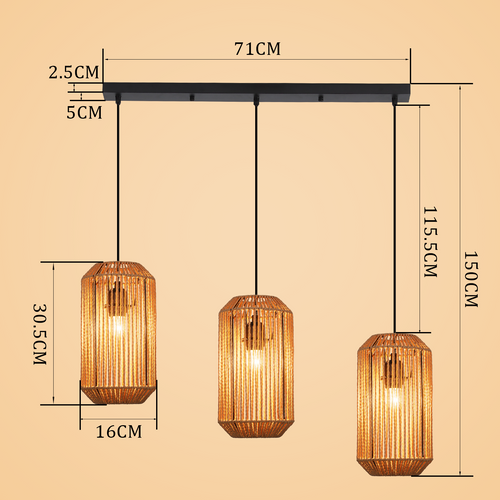 Suspension 3 Flamme Noire E27 Vintage Rotin Style (ampoule Non Incluse)