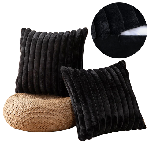 Housses De Coussin 45x45cm, Lot De 2, Fermeture Éclair Dissimulée, Velours Simple Face, Noir