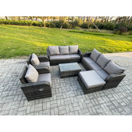 Ensemble De Canapés En Rotin Avec Canapé 3 Places Chaise Inclinable Grand Tabouret Gris Foncé Mixte