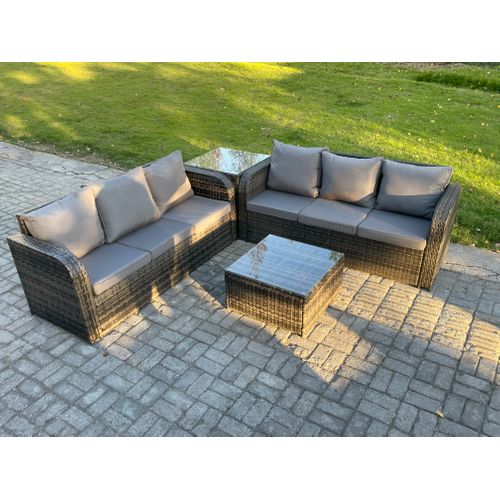 Meubles De Jardin En Rotin 6 Places Avec Gris Coussins Table Basse Carrée D'appoint