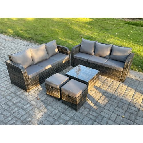 Meubles De Jardin En Rotin 8 Places Avec Gris Coussins 2 Petits Tabourets