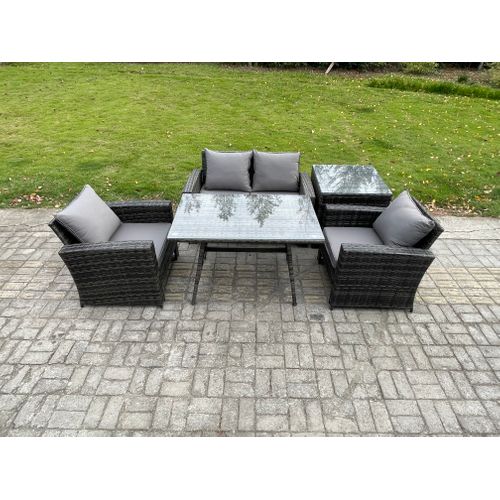 Ensemble De Canapé En Rotin Extérieur Avec Table à Manger Table D'appoint Gris Foncé Mixte