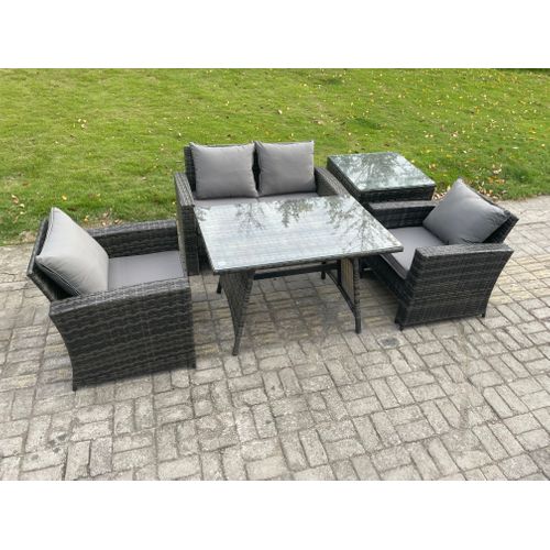 Ensemble De Canapé En Rotin Extérieur Avec Table à Manger Table D'appoint Gris Foncé Mixte