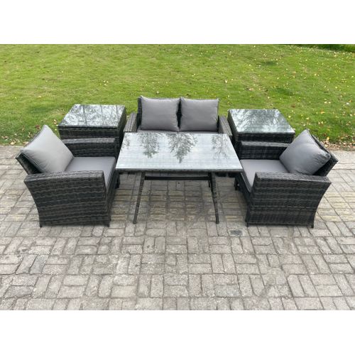 Ensemble De Canapé En Rotin Extérieur Avec Table à Manger 2 Tables D'appoint Gris Foncé Mixte