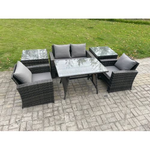 Ensemble De Canapé En Rotin Extérieur Avec Table à Manger 2 Tables D'appoint Gris Foncé Mixte